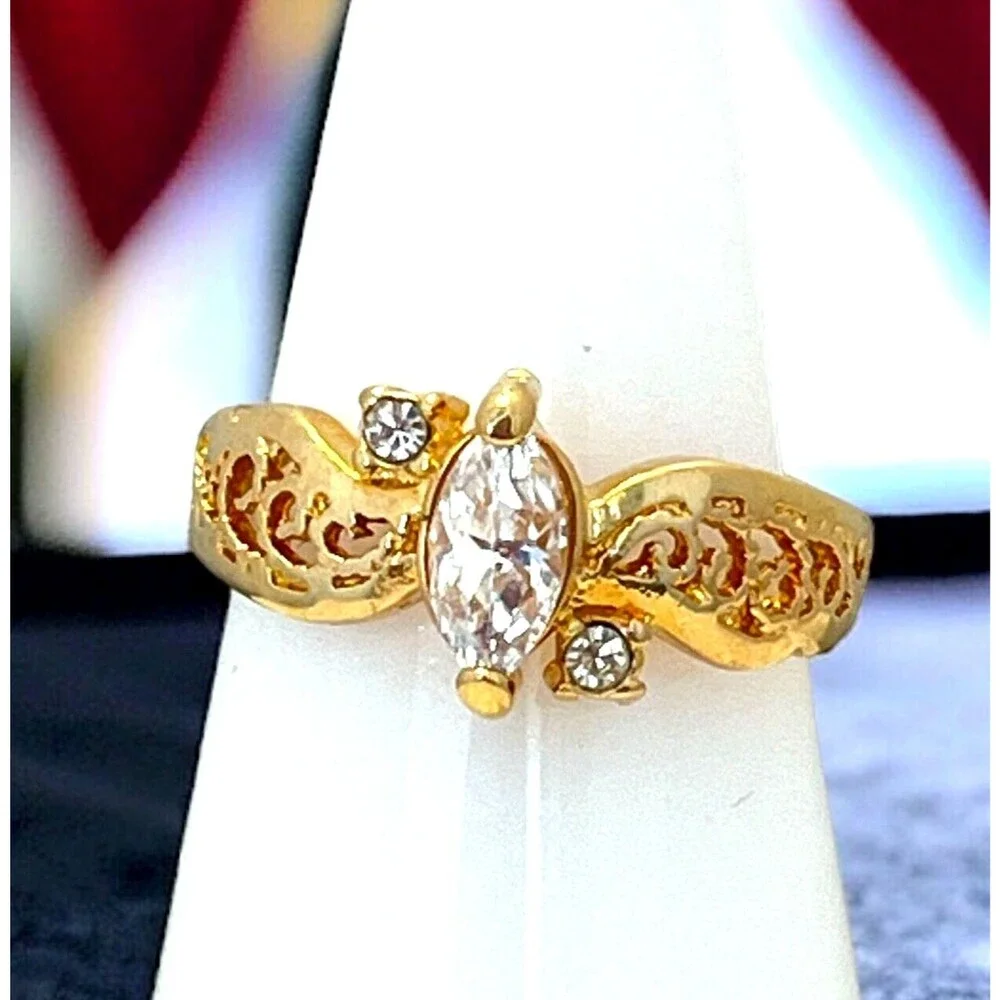 Vintage 1970s Vargas Marquise CZ Ring 18KT Gold Plate Filigree Size 7 - 5T